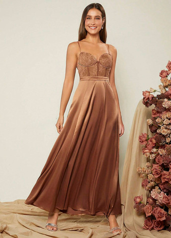 Коричнева вечірня сукня з корсетом SHEIN однотонна