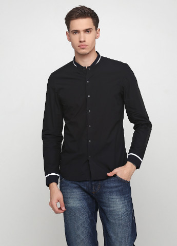Черная кэжуал рубашка однотонная JACK&JONES с длинным рукавом