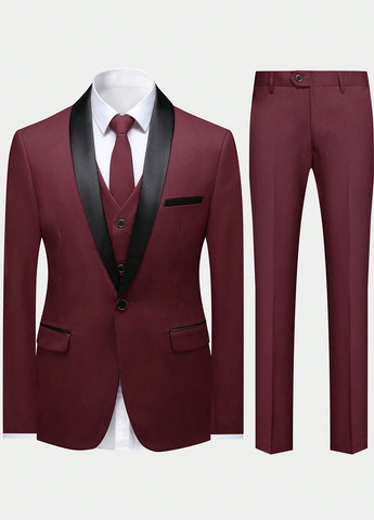 Бордовый демисезонный костюм (пиджак, жилет, брюки) брючный, тройка SHEIN