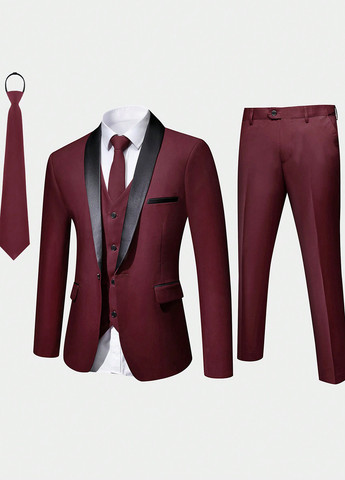 Бордовый демисезонный костюм (пиджак, жилет, брюки) брючный, тройка SHEIN