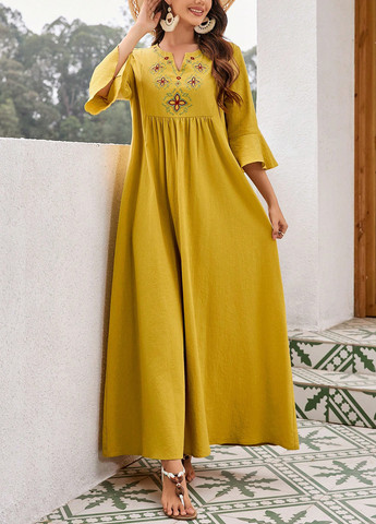 Горчичное кэжуал платье а-силуэт SHEIN с цветочным принтом