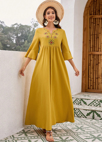 Горчичное кэжуал платье а-силуэт SHEIN с цветочным принтом