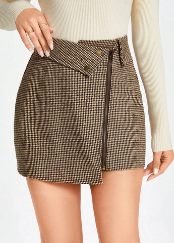 Коричневая кэжуал с узором гусиная лапка юбка SHEIN на запах