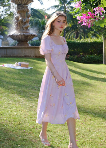 Светло-фиолетовое кэжуал платье клеш SHEIN с цветочным принтом