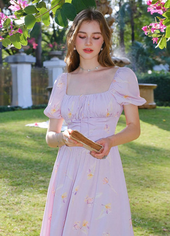 Светло-фиолетовое кэжуал платье клеш SHEIN с цветочным принтом