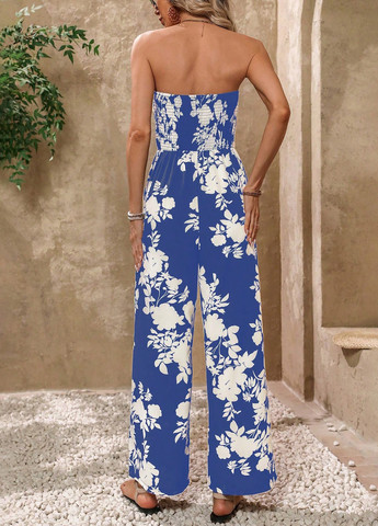 Комбінезон SHEIN комбінезон-брюки квітковий синій кежуал поліестер