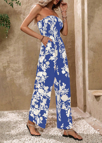 Комбінезон SHEIN комбінезон-брюки квітковий синій кежуал поліестер