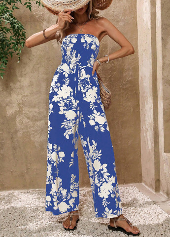 Комбінезон SHEIN комбінезон-брюки квітковий синій кежуал поліестер