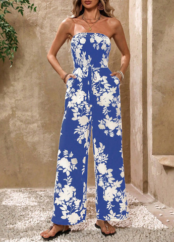 Комбінезон SHEIN комбінезон-брюки квітковий синій кежуал поліестер