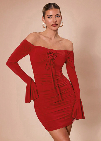 Червона святковий, коктейльна сукня силуетна, з відкритими плечима SHEIN однотонна