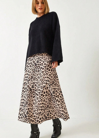 Бежевая кэжуал леопардовая юбка SHEIN клешированная