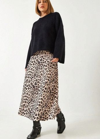 Бежевая кэжуал леопардовая юбка SHEIN клешированная