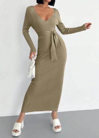 Серо-бежевое кэжуал платье силуэтная SHEIN однотонное