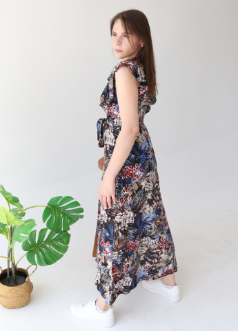 Синя кежуал сукня жіноча синя з коричневим тонка з пальмами на запах MDG з квітковим принтом