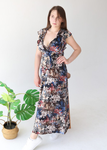 Синее кэжуал платье женское синее с коричневым тонкое с пальмами на запах MDG с цветочным принтом