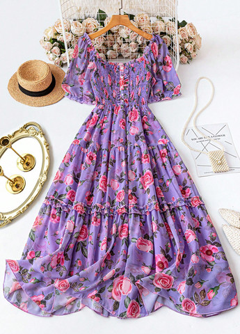 Светло-фиолетовое праздничный, кэжуал платье клеш SHEIN розы