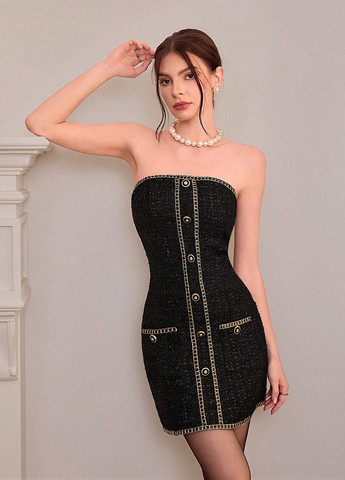 Черное кэжуал платье бандо, с открытыми плечами SHEIN однотонное