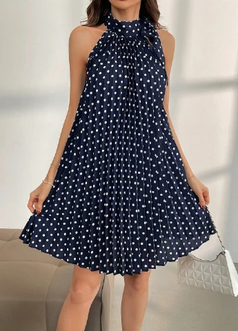 Темно-синее кэжуал платье а-силуэт, плиссированное SHEIN в горошек