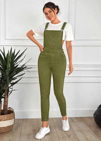 Комбінезон SHEIN комбінезон-брюки однотонний хакі джинсовий бавовна