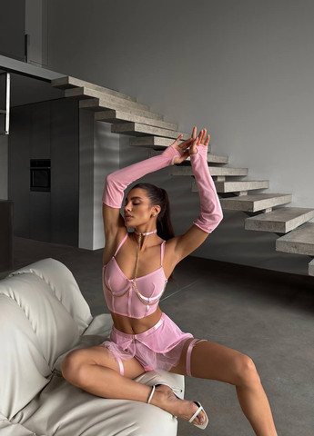 Розовый демисезонный комплект (бюстгальтер, трусы, юбка, гартеры, перчатки) No Brand