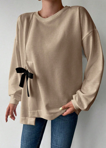 Бежевый свитшот SHEIN однотонный складки, бант, с вырезами (324028167)