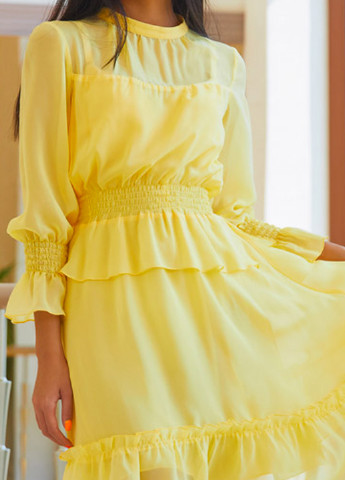 Желтое кэжуал легкое желтое платье с рюшами клеш SL.IRA однотонное