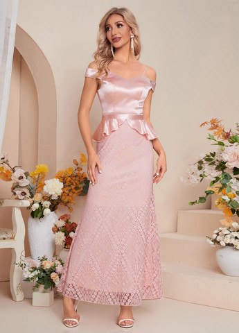 Світло-рожева вечірня, коктейльна сукня з відкритими плечима, з баскою SHEIN однотонна