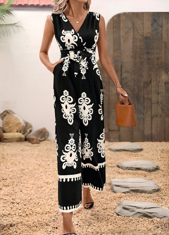 Комбінезон SHEIN комбінезон-брюки квітковий чорний кежуал поліестер