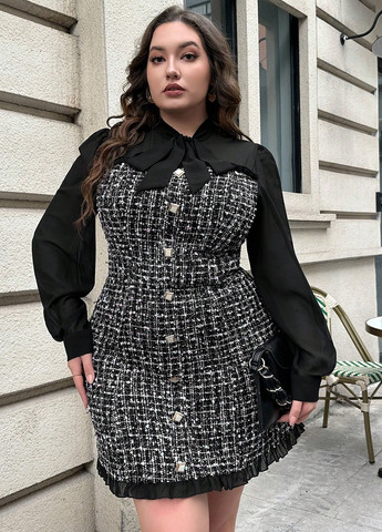 Черно-белое кэжуал платье рубашка SHEIN в клетку