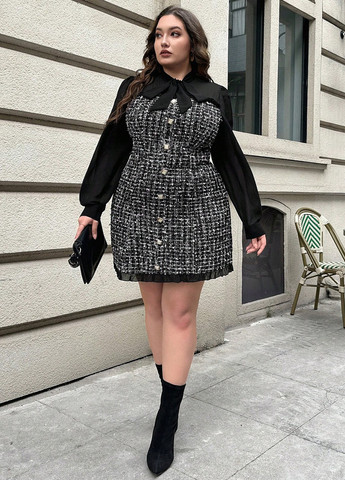 Черно-белое кэжуал платье рубашка SHEIN в клетку