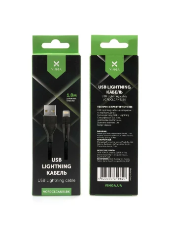 Дата кабель (VCPDCLCANB1BK) Vinga USB 2.0 AM to Lightning 1.0m cylindric nylon back (239382619)