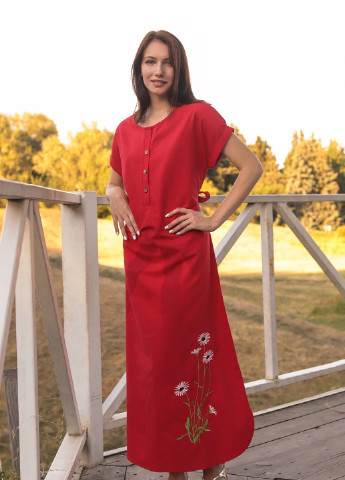 Красное кэжуал длинное льняное платье с вышивкой "ромашки" INNOE однотонное