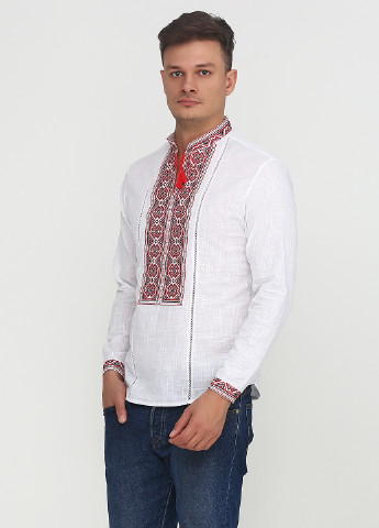 Белая кэжуал рубашка с орнаментом ЕтноМодерн с длинным рукавом