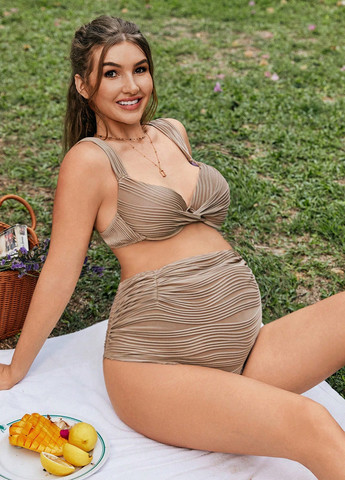 Бежевый летний купальник для беременых (лиф, трусики) танк, раздельный SHEIN