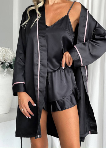 Чорний демісезонний комплект (топ, халат, шорти) NOVA VEGA