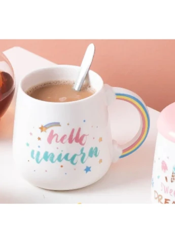 Кружка з кришкою та ложкою Єдиноріг Hello unicorn 5697 420 мл No Brand (253669015)