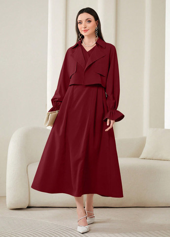 Бордовий демісезонний комплект (накидка, сукня) SHEIN