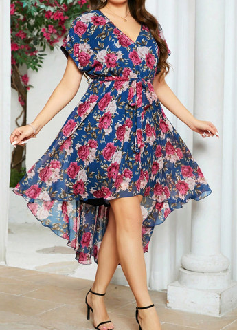 Синя кежуал сукня кльош SHEIN з квітковим принтом