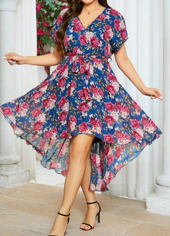 Синя кежуал сукня кльош SHEIN з квітковим принтом