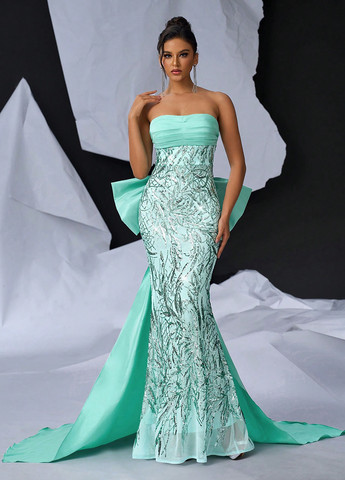 Світло-бірюзова святковий, вечірня сукня годе, а-силует, бандо, з відкритою спиною SHEIN однотонна