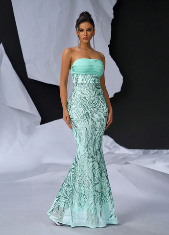 Світло-бірюзова святковий, вечірня сукня годе, а-силует, бандо, з відкритою спиною SHEIN однотонна