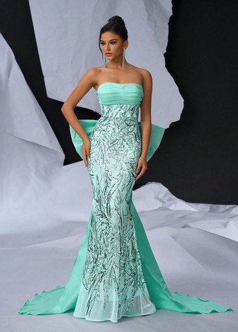 Світло-бірюзова святковий, вечірня сукня годе, а-силует, бандо, з відкритою спиною SHEIN однотонна