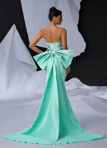 Світло-бірюзова святковий, вечірня сукня годе, а-силует, бандо, з відкритою спиною SHEIN однотонна