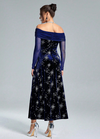 Темно-синее вечернее, кэжуал платье с открытыми плечами SHEIN однотонное