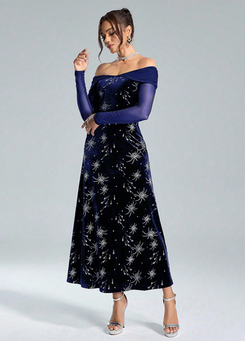 Темно-синее вечернее, кэжуал платье с открытыми плечами SHEIN однотонное