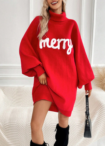 Красное кэжуал платье платье-свитер SHEIN с новогодним принтом