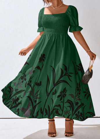 Зелена кежуал сукня кльош SHEIN з квітковим принтом