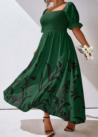 Зелена кежуал сукня кльош SHEIN з квітковим принтом