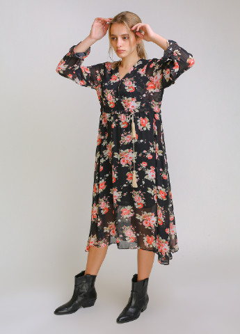 Комбинированное кэжуал платье шифоновое с розами No Brand с цветочным принтом