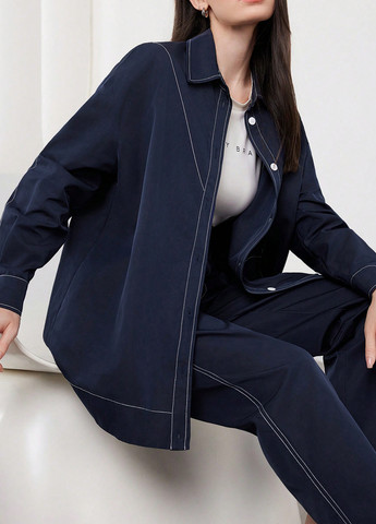 Темно-синяя кэжуал рубашка однотонная SHEIN